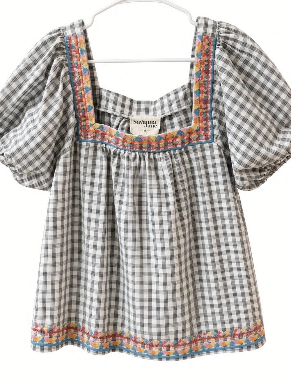 Savanna Jane Gingham Embroidered Puff Sleeve Square Neck Boho Top Plus 1X